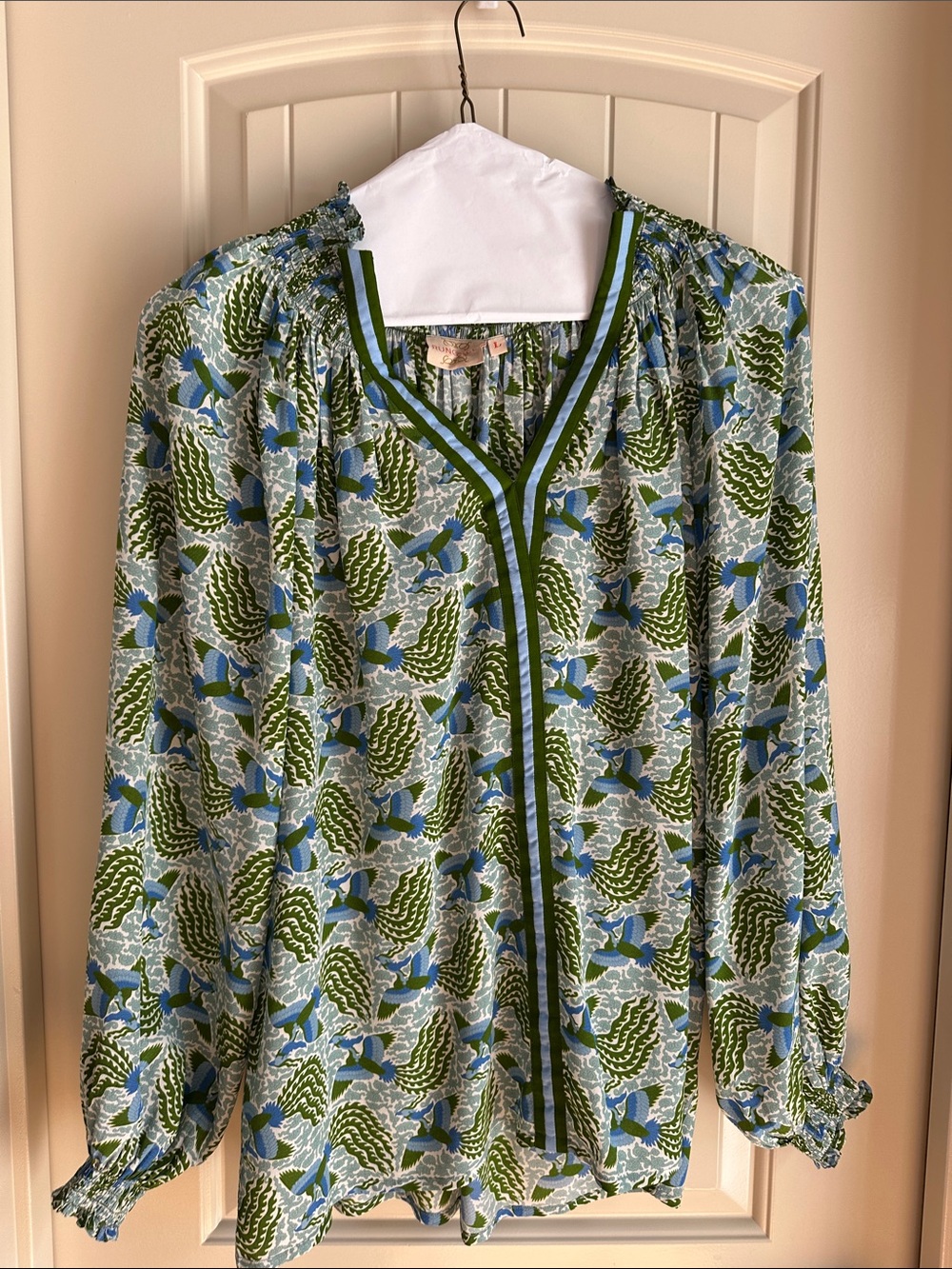 Rungolee Floral Printed V-Neck Long-Sleeve Blouse - Green & Blue
